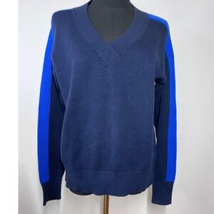 Banana Republic Womens Navy Blue V-Neck Stripe Sleeve Sweater Size M NEW